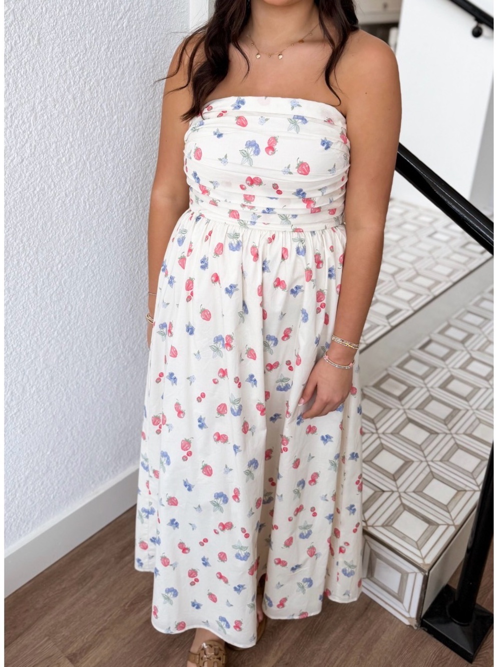 Needii Cream Strapless Berry Maxi Dress